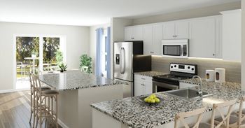 a rendering of a modern kitchen with granite countertops and stainless steel appliances